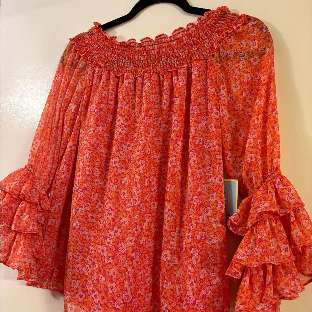 CeCe Orange and Pink Smocked Bell Sleeve Blouse